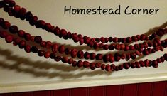 some red beads are hanging on the wall next to a sign that says homested corner