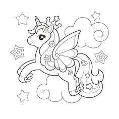 a cartoon unicorn flying through the sky with stars on it's back and wings