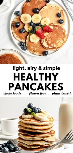 pancakes with blueberries and bananas are on a plate next to a glass of milk