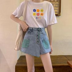 Material: Cotton Material: Spandex Fit Type: Loose Style: Casual, Aesthetic, Ulzzang Decoration: Button Decoration: Pockets Closure Type: Zipper Fly Waist Type: High Material Composition: denim Pant Style: Shorts Skirts Pattern Type: Patchwork Casual High-waisted Mini Skirt With Button Closure, Mid-rise Buttoned Denim Skirt For Summer, Mid-rise Denim Skirt With Buttons For Summer, Casual Cotton Mini Skirt With Buttons, Casual Short Length Denim Skirt With Buttons, Trendy High Waist Skort With Button Closure, Summer Mid-rise Mini Skirt With Button Closure, Casual High Waist Skort With Button Closure, Casual Short Skort With Button Closure