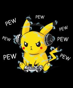 a pikachu with headphones on and the words pet, pew, pew