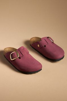 Medium/narrow fit Leather upper Cork-latex insole EVA sole Slip-on styling Imported | Boston Big Buckle Clogs by Birkenstock in Red, Women's, Size: 36, Leather/EVA/Cork-Latex at Anthropologie Boston Big Buckle, Birkenstock Boston, Eva Sole, Birkenstock, Cork, Clogs, Boston, Leather Upper, Anthropologie