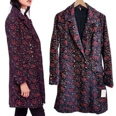 Free People Nwt Boho Floral Red Purple Coat Extremely Rare & Hard To Find! - All Over Gorgeous Floral Print - Purples, Reds, Pinks - Richly Textured Pattern - Jacquard Construction - Double Breasted Closure - Front Flap Welt Pockets - Notched Lapels - Long Sleeves - Fully Lined (100% Polyester) - 52% Acrylic, 43% Polyamide, 5% Polyester New With Tags Size: Medium Tags: Free People, Coat, Trench, Jacket, Floral, Embroidered, Button, Designer, Blogger's Favorite, Rare, Medium, M, New, Nwt * Note: Chic Floral Print Fall Blazer, Floral Print Long Sleeve Blazer For Party, Long Sleeve Floral Print Blazer For Party, Chic Outerwear With Floral Print And Notch Lapel, Chic Notch Lapel Outerwear With Floral Print, Chic Floral Print Outerwear With Notch Lapel, Elegant Floral Print Fall Outerwear, Elegant Floral Print Outerwear For Fall, Red Floral Print Winter Outerwear