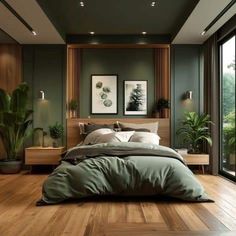 a large bed sitting inside of a bedroom on top of a hard wood floored floor