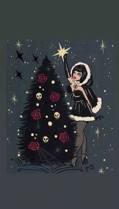 a drawing of a woman standing next to a christmas tree with skulls and stars on it