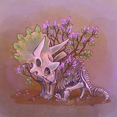 a drawing of a skeleton and a dinosaur in the dirt with flowers growing out of it