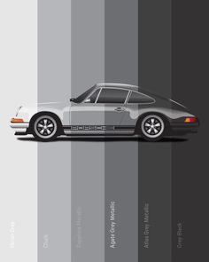 a grey porsche poster with black and white stripes