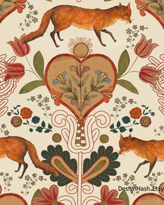 an animal and flower design on a white wallpaper with red, green, blue, yellow, orange and brown colors