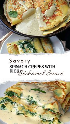 spinach crepes with ricotta sauce on a plate