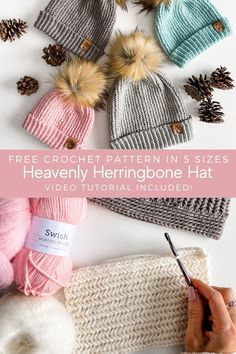 the free crochet pattern is in sizes heavenly herringbone hat and video included