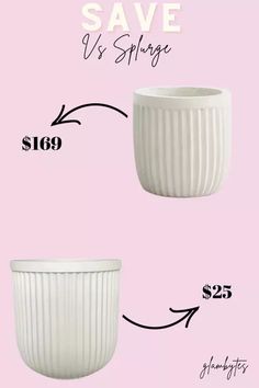 two white vases sitting next to each other on top of a pink background with the same price