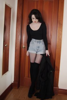 Abbey Karson, Black High Waist Jeans, Audrey Horne, Wife Clothes, Life Unexpected, American Apparel Shorts, Ivory Cardigan, Fashion Bug, Black High Waist