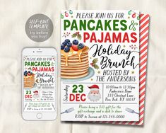 Christmas Pancakes and Pajamas Invitation Editable Template  ➡️ MATCHING Collection here: www.etsy.com/shop/PuffPaperCo/items?search_query=xmaswatercolor THIS IS A TEMPLATE WHICH YOU CAN EDIT ON YOUR BROWSER- NO PHYSICAL PRODUCT WILL BE SHIPPED ❤️ EDITABLE TEMPLATE  - 5x7" (for print) & 1080x1920 px (for mobile) sizes included - Edit immediately right from your browser - Personalize most text, fonts, & colors - Change size, placement, or delete elements completely - Upload your own logo or image Holiday Brunch Invitations, Army Food, Brunch Waffles, Christmas Waffles, Pjs Party, Food Cards