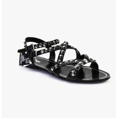 Miu Miu Womens Strappy Studded Donna Sandals Black Leather Size 40.5 New With Box Perfect Condition Flat Sandals With Buckle Closure For Evening, Miu Miu Heel Strap Sandals For Spring, Miu Miu Sandals With Heel Strap For Spring, Chic Miu Miu Open Heel Sandals, Edgy Open Toe Beach Sandals, Miu Miu Sandals With Heel Strap And Open Heel, Miu Miu Sandals With Heel And Ankle Strap, Miu Miu Sandals With Heel Strap, Chic Miu Miu Sandals With Round Toe