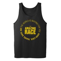 Whether you are training for The Amazing Race or rewatching your favorite seasons, this The Amazing Race Starting Badge Adult Tank Top is comfortable enough for any occasion. Show off your pride for The Amazing Race by wearing this tank top each chance you get. This tank is a must have! It features a rounded neck and i Gym Crew Neck Tank Top With Letter Print, Crew Neck Tank Top With Letter Print For Workout, Crew Neck Gym Tank Top With Letter Print, Crew Neck Letter Print Tank Top For Gym, Sleeveless Letter Print Tank Top For Training, Sports Tank T-shirt With Letter Print, Sports Letter Print Tank T-shirt, Casual Tank Top With Letter Print For Training, Casual Sweat Resistant Tank Top For Sports