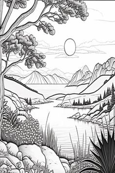 a black and white drawing of a landscape with mountains, trees, water and plants