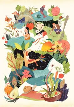 an illustration of people surrounded by plants and flowers