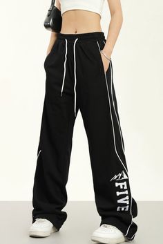 5ft 4''(166cm) tall, 95 lbs(43kg) weight and wearing a size M - STRIPED- Wide straigh tfit- Drawstring- 3 colors Straight Sweatpants, Lunar New, Sweatpants, Wardrobe, How To Wear, Black, Color, Tracksuit Bottoms