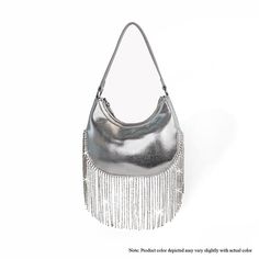 Introducing the ‘Cascade Elegance Fringed Handbag’ – where sophistication meets playful charm. This exquisite piece is crafted with the finest materials, featuring a sleek facade that exudes class. The eye-catching fringe detail adds a touch of whimsy, creating a dynamic look that will sway elegantly with your every move. The spacious interior is designed for the modern woman, offering ample space for all your essentials, while the secure closure ensures they are kept safe. Perfect for a night o Fringe Handbags, Monday Friday, Modern Woman, The Modern, Final Sale, Turn Ons, Handbags, Silver