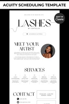 an image of a website page with the words lashes on it and a woman's face