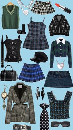 an assortment of clothes and accessories are arranged on a blue background