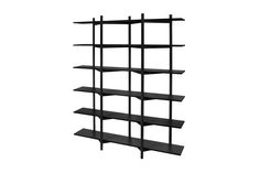 a black book shelf with four shelves on each side