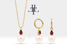 This Pearl Necklace and Earrings Set is a beautiful jewelry set are made from 14K solid gold, with the addition of pear-cut ruby. This combination of pearls, gold, and ruby can create a classic and elegant look, perfect for bridal jewelry. 4,50 mm Ruby Necklace  Ruby                   :     App.  0,18 ct   Pearl                   :     1 piece (9,00 mm) Gram                  :     App.   1,65 GR Product Code   :     LS00008PR 4,50 mm Ruby  Earring  Ruby                   :      App.  0,35 ct  Pe Yellow Gold Jewelry Sets With Matching Earrings, Timeless 14k Gold Jewelry With High Luster, Classic Yellow Gold Jewelry Sets For Gifts, Formal Yellow Gold Fine Jewelry Sets, Fine Jewelry Yellow Gold Necklace With Matching Earrings, Formal Fine Jewelry Sets In Yellow Gold, Formal Yellow Gold Jewelry Sets With Gemstones, Formal Yellow Gold Gemstone Jewelry Sets, Yellow Gold Fine Jewelry With High Luster