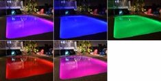 multiple images of a pool at night with colored lights on the side and in the middle