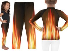 Orange red black fire flames element spandex kids & youth athletic Halloween Cosplay costume (Items are sold SEPARATELY). Activewear cosplay outfit for children and youth. Sizes: 2T-20. Super soft and comfortable toddler and teens full length leggings, long sleeve rash guard shirts, and short sleeve t-shirts. Great for themed events, birthday party, themed parks visits, workout and water sports (long sleeve rash guard and leggings) or as a comfortable everyday wear.  T-shirt : short sleeve Rash Cosplay Clothes, Fire Flames, Halloween Clothes, Black Fire, Toddler Birthday, Kids Halloween, Cosplay Outfits, Halloween Cosplay, Comfy Fits