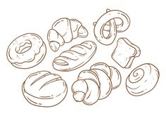 different types of breads and pastries are shown in this hand - drawn illustration