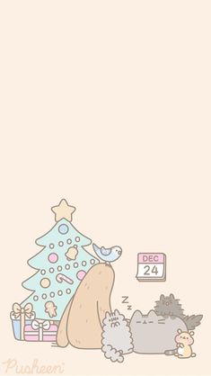 an image of a cartoon christmas tree with animals and presents on the floor next to it