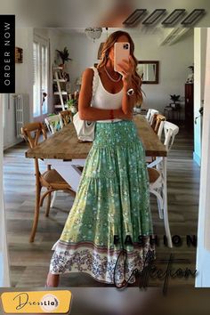 Plus Size Skirt Boho Style Floral Printed High Waist Skirt Holiday Beach Long Skirt Jupes Bohemian Green Skirt For The Beach, Bohemian Green Beach Skirt, Casual Green Skirt For Beach Season, Green Mini Skirt For Vacation, Bohemian Green Skirt For Summer, Bohemian Green Maxi Skirt For Vacation, Casual Long Skirt For Beach Season, Green High Waist Maxi Skirt For Vacation, Green Lined Maxi Skirt For Vacation