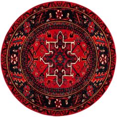 a red and black round rug with an intricate design on the center, surrounded by smaller circles