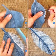 four pictures showing how to make a feather ornament with denim fabric and feathers