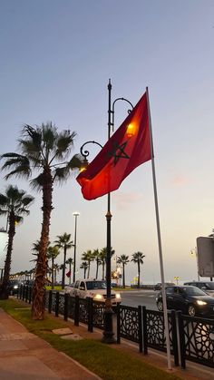 a red flag hanging from the side of a street next to palm trees and parked cars