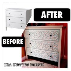 before and after photos of an ikea kopang dresser with white paint on it