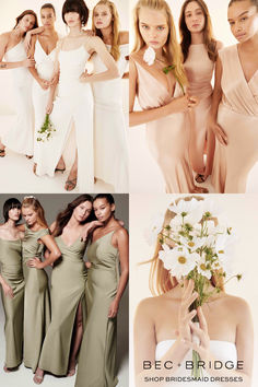 the bridesmaids are posing for pictures in their wedding gowns and bouquets