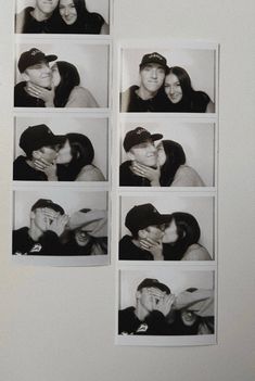 black and white photograph of four people kissing each other with hats on their heads, taken in an instagram