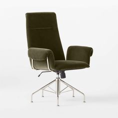 a green office chair sitting on top of a metal base with an upholstered seat