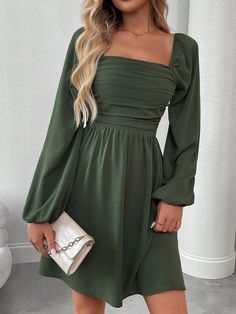 Women's Spring & Autumn French Elegant Casual Commute Mini Dress With Square Collar, Draped Bust, Smocked Back, A-Line Hem, Puff Sleeves, Long Lantern Sleeves Army Green Elegant  Long Sleeve Woven Fabric Plain A Line Non-Stretch  Women Clothing, size features are:Bust: ,Length: ,Sleeve Length: Green Dresses Sleeves, Cute Green Dresses Casual, Summer Dresses For Graduation, Green Dresses Casual, Pretty Casual Dresses, Short Fitted Dresses, Long Sleeve Dress Casual, Plain Dresses, Ruched Waist Dress