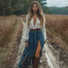 Women Elegant Dresses, Retro V-neck Lace Linen Women's Long-sleeved Long Skirt Pastoral Style Linen Dress Fall Outfits 2024 Night Out, Long Skirt Country Outfit, Long Skirt With Cowboy Boots, Cowboy Boot Outfits Fall, Fancy Country Outfits, Maxi Skirt With Boots, Country Style Clothes, Country Church Outfit, Bohemian Style Outfits