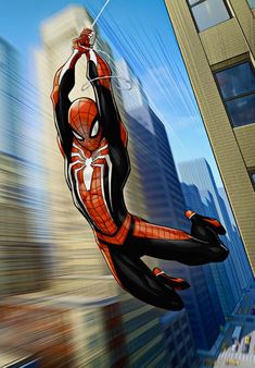 a spider man flying through the air in front of tall buildings