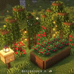 an image of a garden in minecraft with flowers and lights on the planters