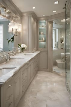 a large bathroom with two sinks and a bathtub in the middle is decorated in white marble