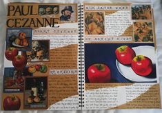 an open book with pictures of apples and other things on it's page,