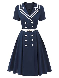 Nautical chic redefined with Retro Stage's Dark Blue 1950s Sailor Style Double Breasted Dress. Sail into style with a touch of vintage flair. 1950 Fashion Women, Nautical Fashion Women, 1950 Outfits, 1950 Dress, 1950 Style, 1930's Dresses, Retro Stage, Double Breasted Dress, Vestidos Retro