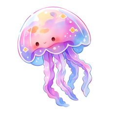 Cute Kawaii Watercolor Jellyfish Sticker Kawaii Watercolor, Watercolor Jellyfish, Visuell Identitet, Colorful Jellyfish, Images Kawaii, Cute Fish