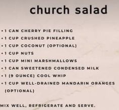 a menu listing the different types of desserts and drinks available at church salad restaurant