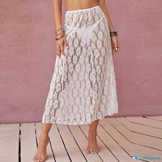 Orcajump - Lace Hollow-Out Midi Skirt with Alluring and Fashionable Sheer Bodysuit Sheer Bodysuit, A Line Skirt, A Line Skirts, Midi Skirt, A Line, Skirt, Lace, White, Clothes