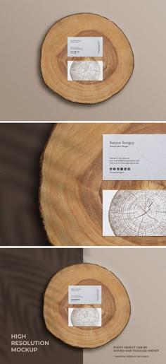 three different wood slices with business cards on them